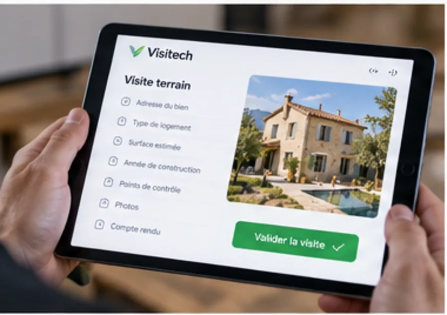Tablette affichant le parcours de visite terrain Visitech, étape par étape